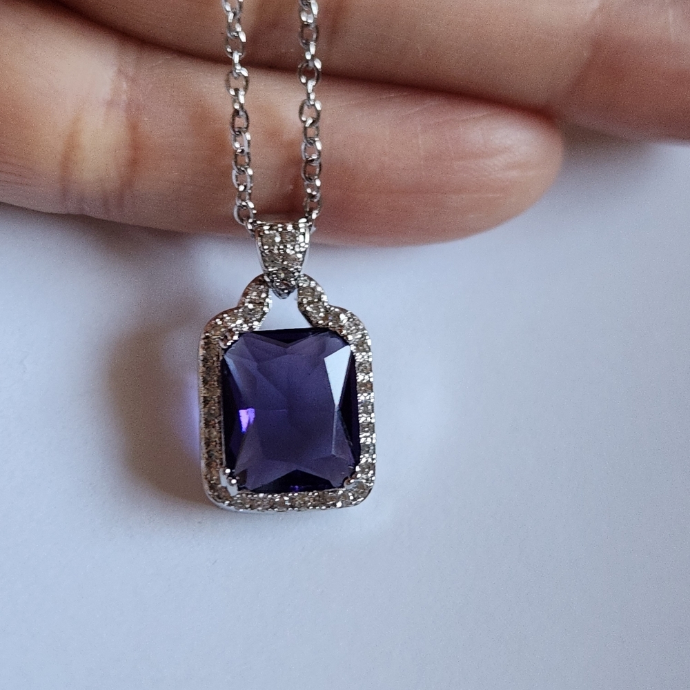 New 925 Silver Emerald Cut Amethyst Diamond Necklace Pendant & Chain for…